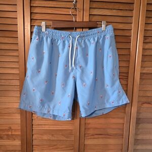 Surf Style Blue Flamingo Print Swim Trunks Lightweight Relaxed Fit